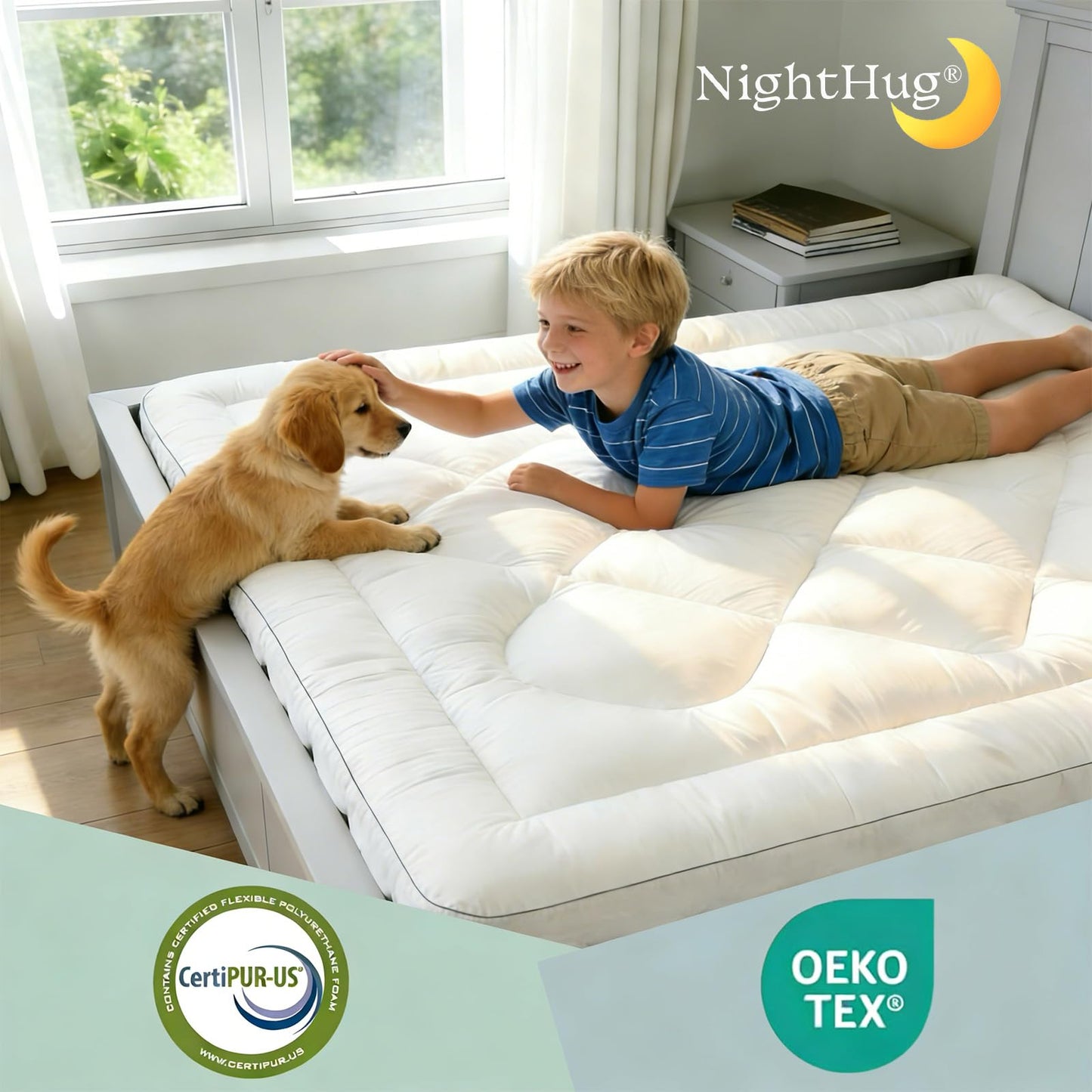 NightHug 5 Inch Memory Foam Mattress Topper Twin XL, 2000GSM Shredded Memory Foam Pillow Top, Back Pain Relief & Plush Support, Extra Thick & Breathable, College Dorm Must-Have