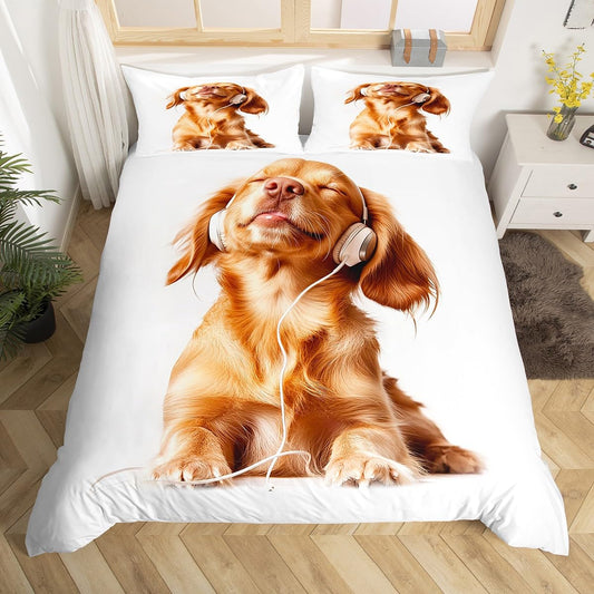 Erosebridal Kawaii Dog Comforter Cover Set King for Kids Boys Girls Yellow Puppy Dog Bedding Set for Women Men Kawaii Room Decor, 3D Cute Animal Duvet Cover Headphones Music Theme Quilt Cover