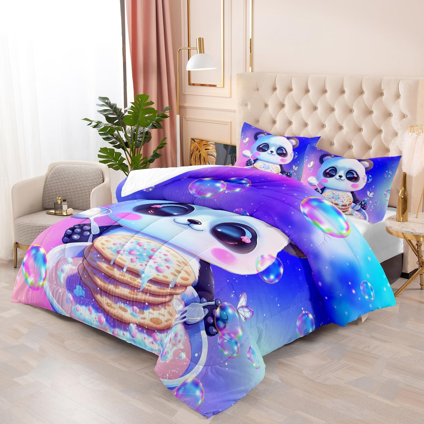 Nttopship Kawaii Panda Comforter Set Queen, Violet and Pink 3 Pieces Bedding Set for Teens Kids,Kawaii Down Alternative Bed Comforters Bedding Sets for All Season