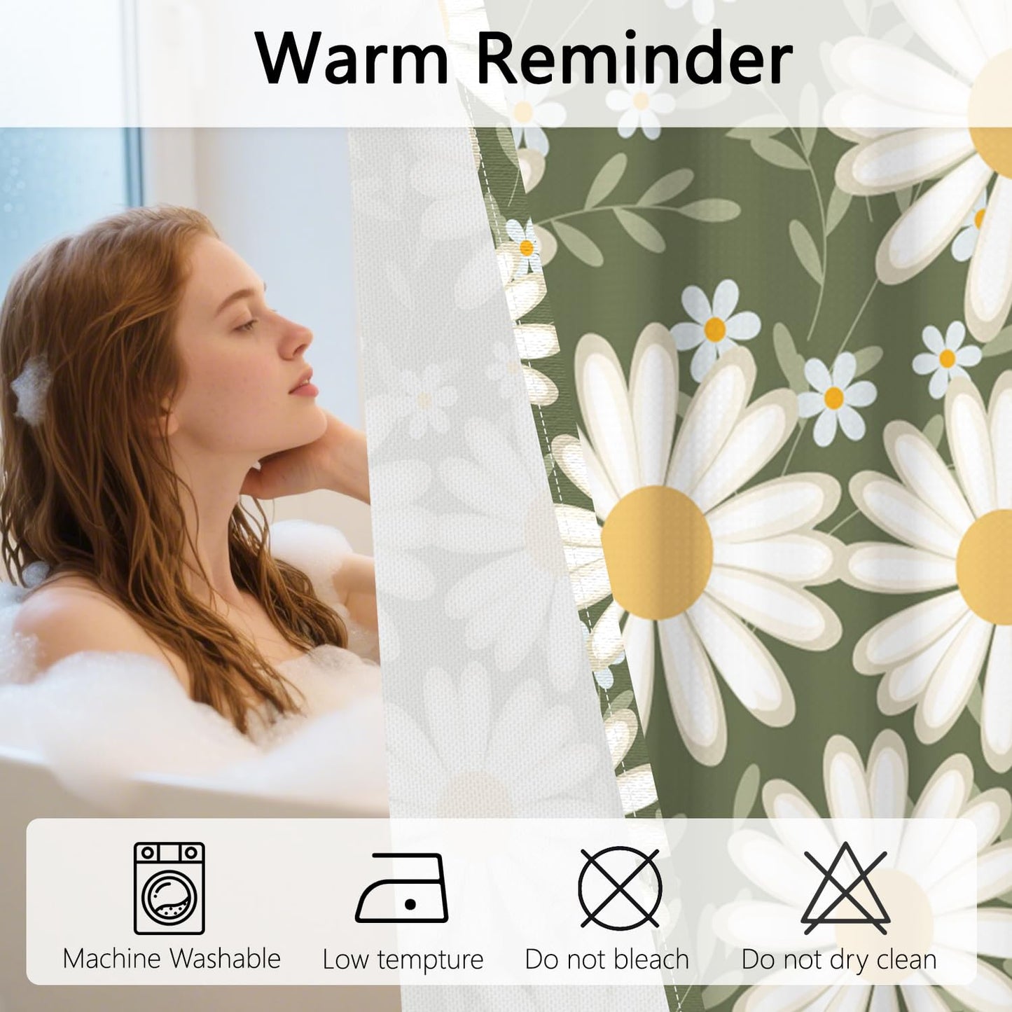 NAEMBCU No Hooks Daisy Shower Curtain with Snap in Liner, Green & White Daisy Floral Shower Curtains for Bathroom, Waterproof Cloth Fabric with See Through Mesh Top Window, 71x74 Inch