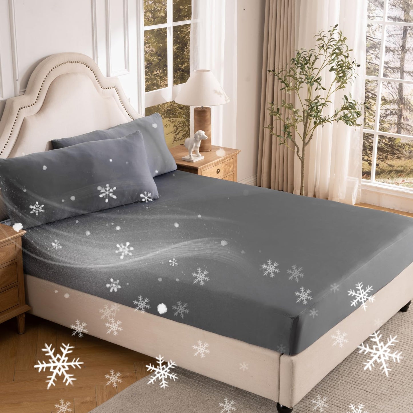 OMERAI 3 Piece Cooling King Size Sheet Set, Bed Sheets Set with 1 Fitted Sheet & 2 Pillowcases, Breathable Cool-to-Touch Fabric, Soft Smooth Deep Pockets Bed Sheets for Summer, Dark Gray