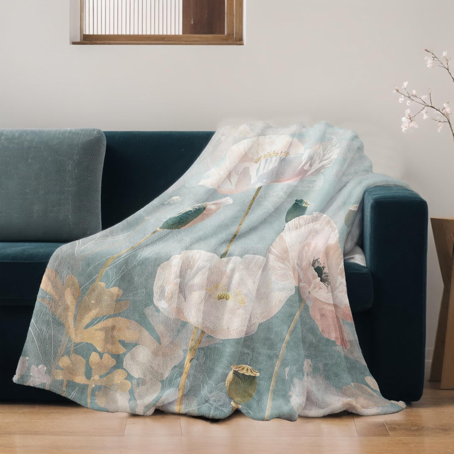 qxfqxf Elegant Pastel Floral Blanket Lightweight Blankets Gifts for Women Flannel Throw with White and Pink Flower Printed for Sofa, Bed, Travel, Picnic, Camping, Office, Decor Throws 60x50 Inch
