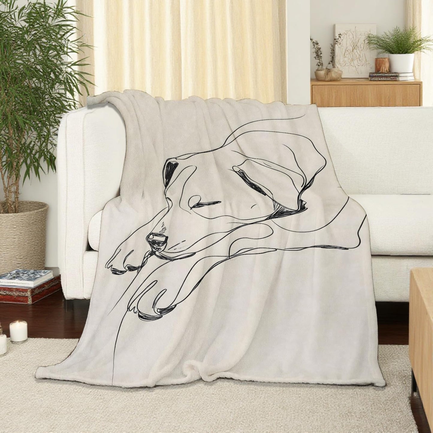 SOMEKLLY Dog Throw Blanket Soft Cozy Lightweight Flannel Blankets with Minimalist Line Art Sleeping Puppy Printed Beige Background for Animal Lovers Bedroom Dorm Office Home Decor Gifts 50x60 Inch