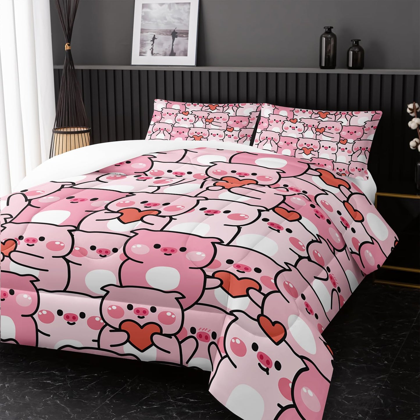 Pink Pig Comforter Set Twin，Kawaii Pink Cute Animals Bedding Set for Kids Boys Girls Teens Room Decor Kawaii Animals Comforter Set Farmhouse Wildlife Theme Bedroom Living Room Decor，All Season