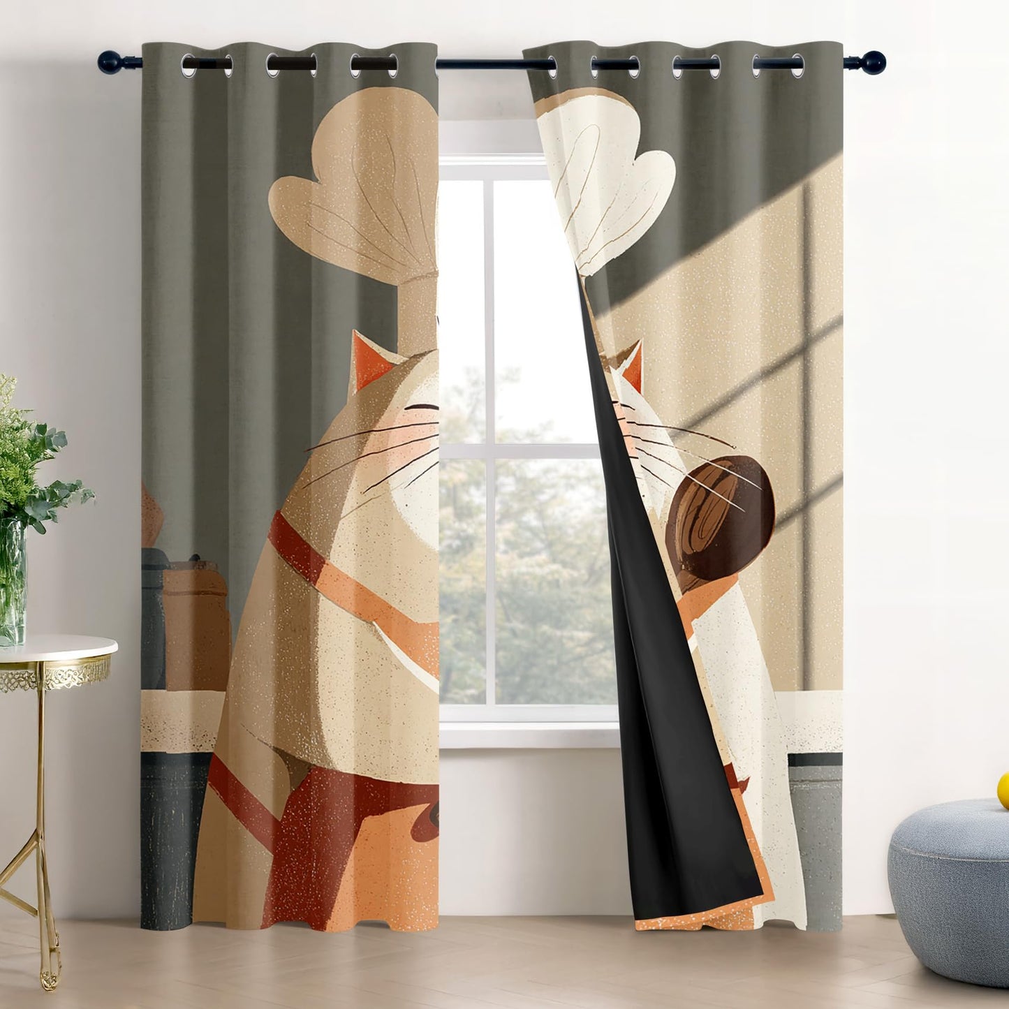 Solvivae Chef Kitchen Curtains Blackout, Room Darkening Thermal Insulated Grommet Drapes for Bedroom Living Room, Chef Cat Patterned Window Treatments, 96 Inch Curtains 2 Panel Set