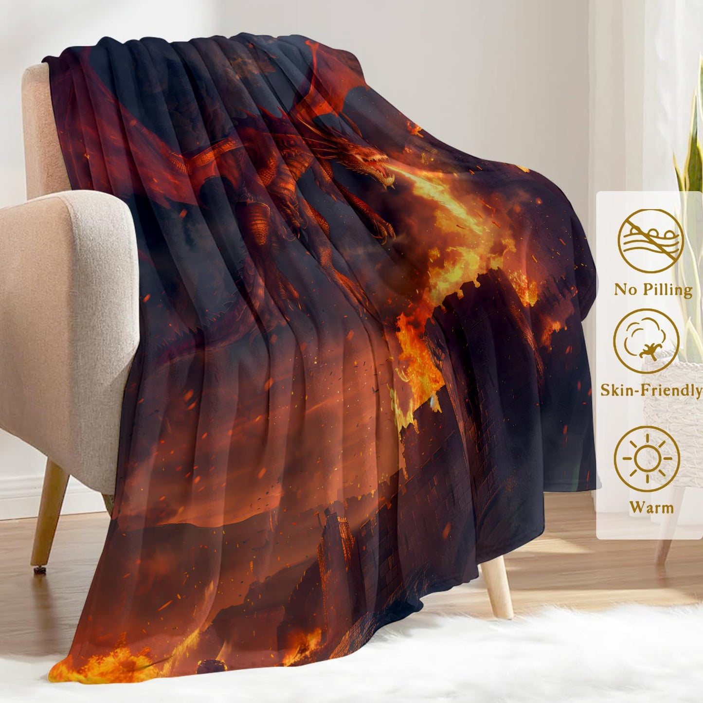 ainori Epic Fire-Breathing Dragon Flannel Blanket - Stunning Animal Throw,Gifts for Kids & Fantasy Lovers, Ultra Soft & Warm,Lightweight,for Couch Bedroom Living Room Boho Decor 50x60in