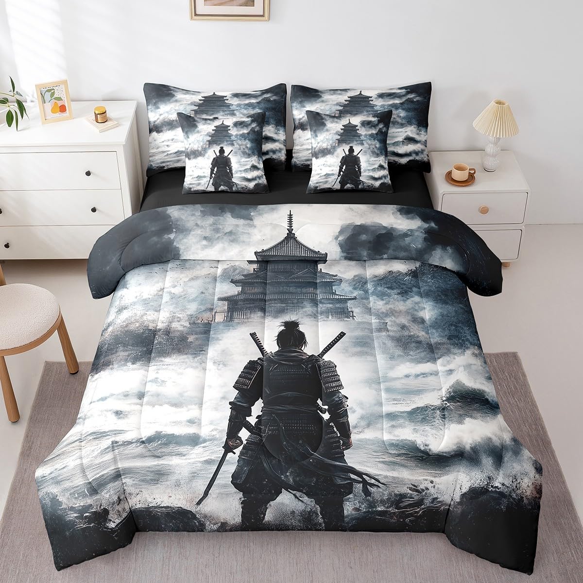 Queen Size 7 Pieces Bedding Sets Japanese Samurai Comforter Set Oriental Culture Bed Sheet Grey Reversible Printed Quilt Set + Flat Sheet + Fitted Sheet + 2 Pillowcase + 2 Throw Pillow Covers