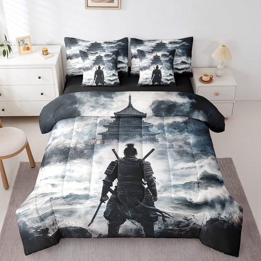 Queen Size 7 Pieces Bedding Sets Japanese Samurai Comforter Set Oriental Culture Bed Sheet Grey Reversible Printed Quilt Set + Flat Sheet + Fitted Sheet + 2 Pillowcase + 2 Throw Pillow Covers