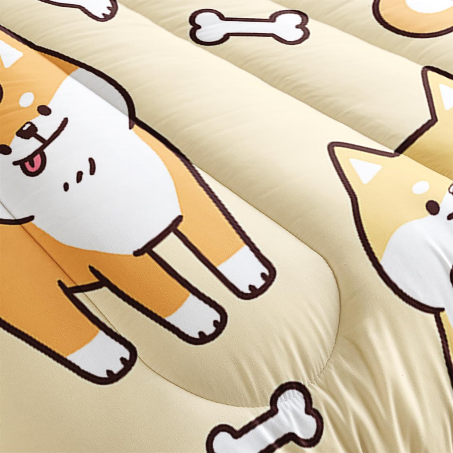 XYNHML Kawaii Cartoon Corgi Dog Animal Themed 3Pcs Comforter Full Yellow Black Dogs Pattern Bedding for Kids Teens Girls Boys Cute White Bone Quilt Bed Decor Set with 1 Comforter and 2 Pillowcases