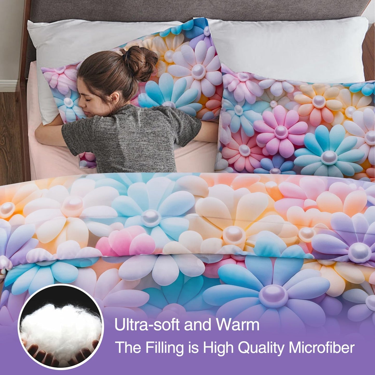 A Nice Night Stunning Blooming 3D Flower Floral Comforter Sets, with Pearl Flower Core Pattern Bedding Set for Girls Twin Size, Ultra Soft Bedding Sets (Blue-Purple, Twin 6Pcs)