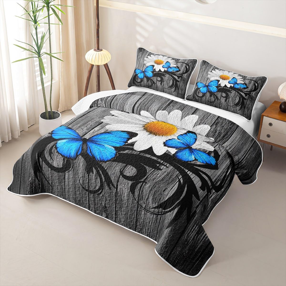 Erosebridal Daisy Quilt Butterfly Quilt Set Full Retro Wooden Planks Bedding Coverlet Rustic Farmhouse Animals Bedspread with 2 Pillowcases
