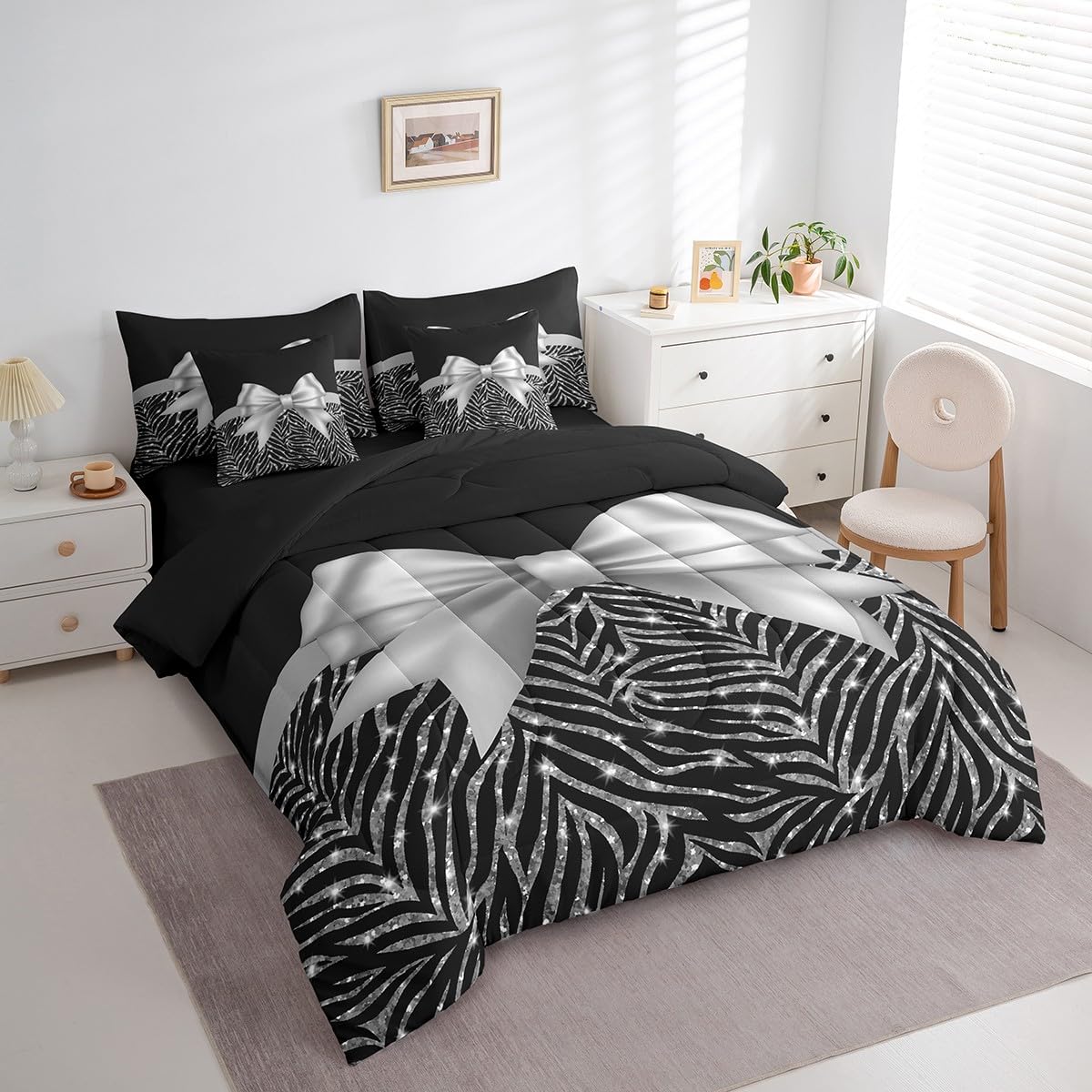 Feelyou Silver Bowknot 7 Piece Bedding Set Queen Size Glitter Print Comforter Set with Sheets for Kids Girls Adult Cute Bowknot Bed in a Bag Black Silver Bed Set