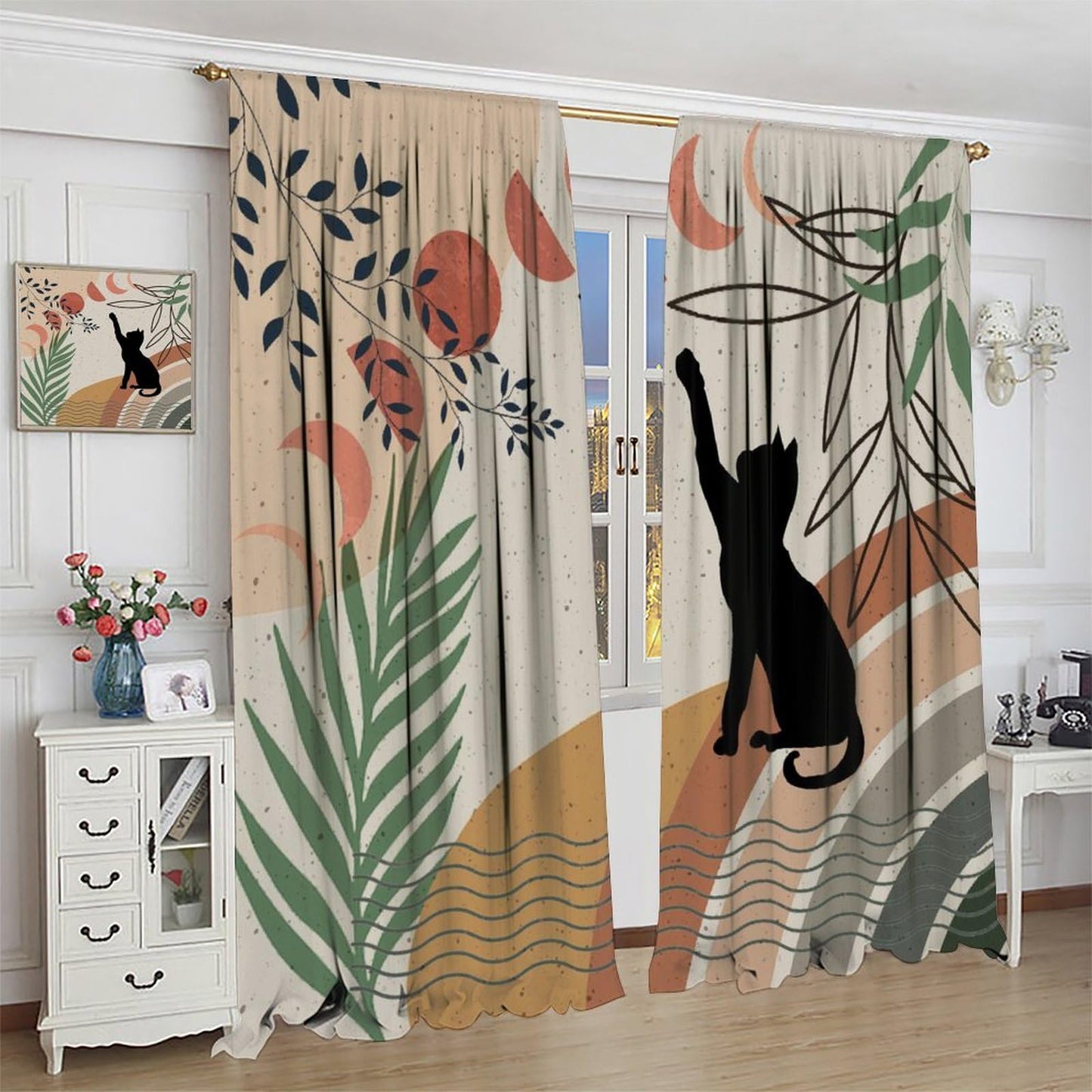 Fblifil Mid Century Moon Cat Curtain Retro Black Cat Leaves Sun Moon Leaves Boho Abstract Geometric Arch 70s Window Drapes for Bedroom Living Room Decor 42" W X 45" L
