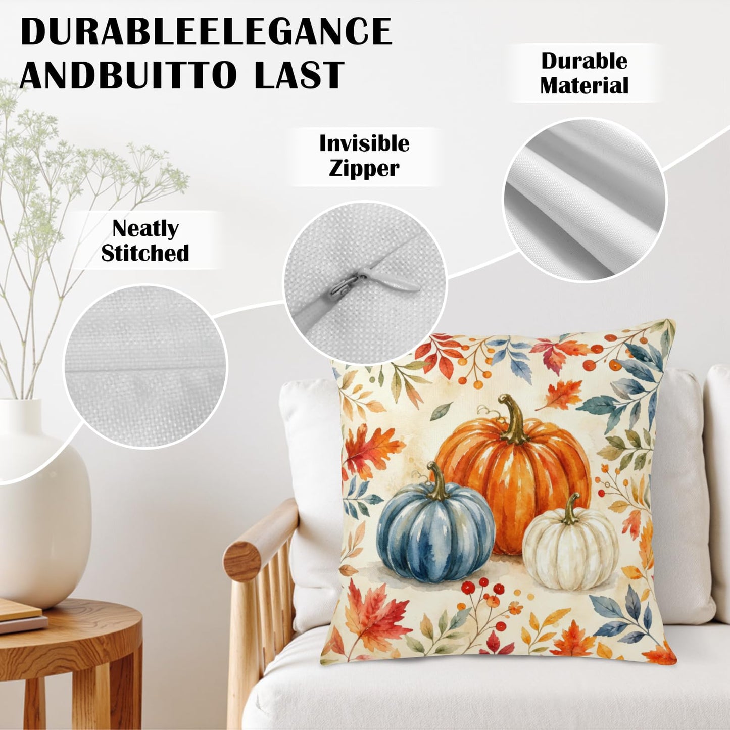 ABSOP Fall Pillow Covers 18x18 Inch Orange Blue Pumpkin Pattern Decorative Throw Pillow Covers Set of 2 Autumn Thanksgiving Harvest Pillowcases for Soft Couch Holiday Party Decor