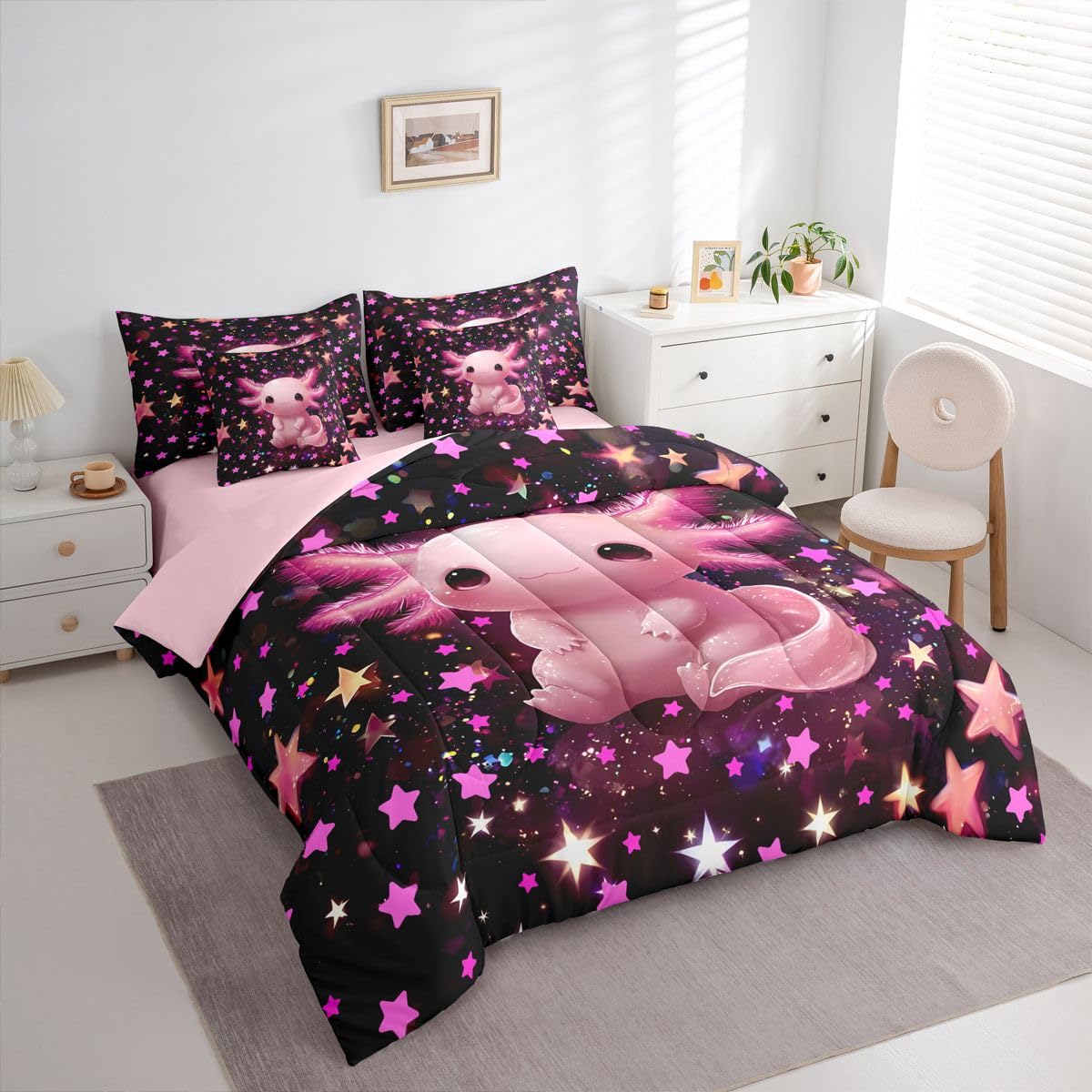 Erosebridal Kids Pink Axolotl Twin Size Bedding Set Girls Pink and Black Starry Sky 7 Pieces Comforter Set with Sheets Teens Cute Axolotl Bed in a Bag Girly Stars Reptile Animal Bed Sets