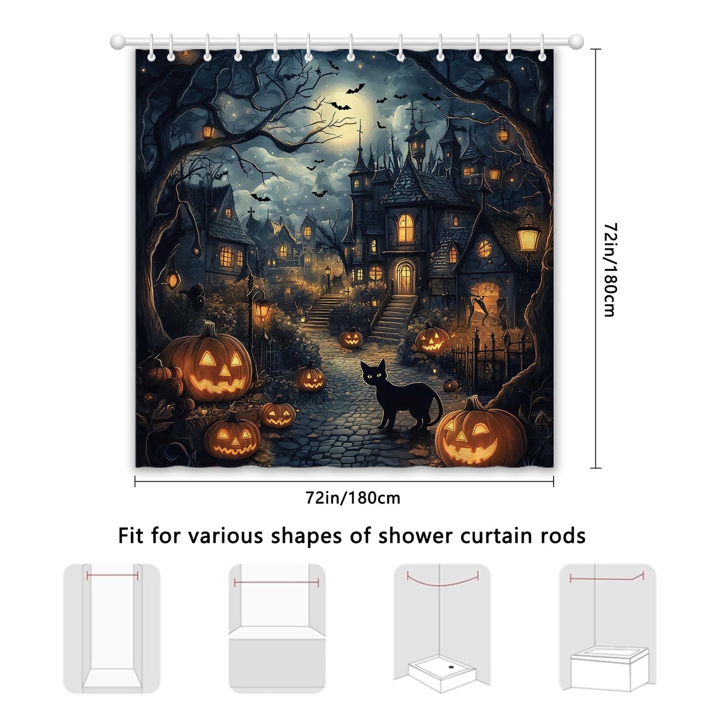 APROPHIC Halloween Shower Curtain, Halloween Horror Castle Shower Curtain for Bathroom, Pumpkin Lantern Black Cat Full Moon Bathroom Decorations Waterproof Curtains with 12 Hooks 72x72 in