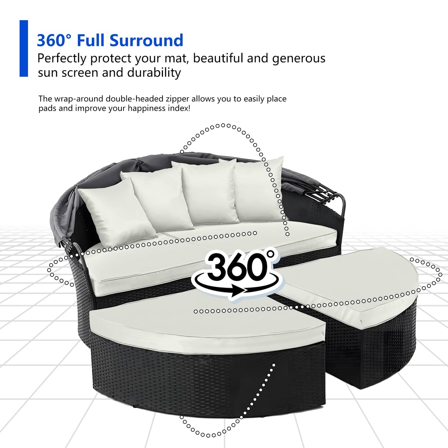 4PC Outdoor Round Daybed Cushion Cover with Zipper & Anti-Slip Particles,Circle Sun Island Sunbed Mattress Covers Waterproof,Patio Day Bed Cushions Slipcover ONLY COVER (White, 66*66*4inch)