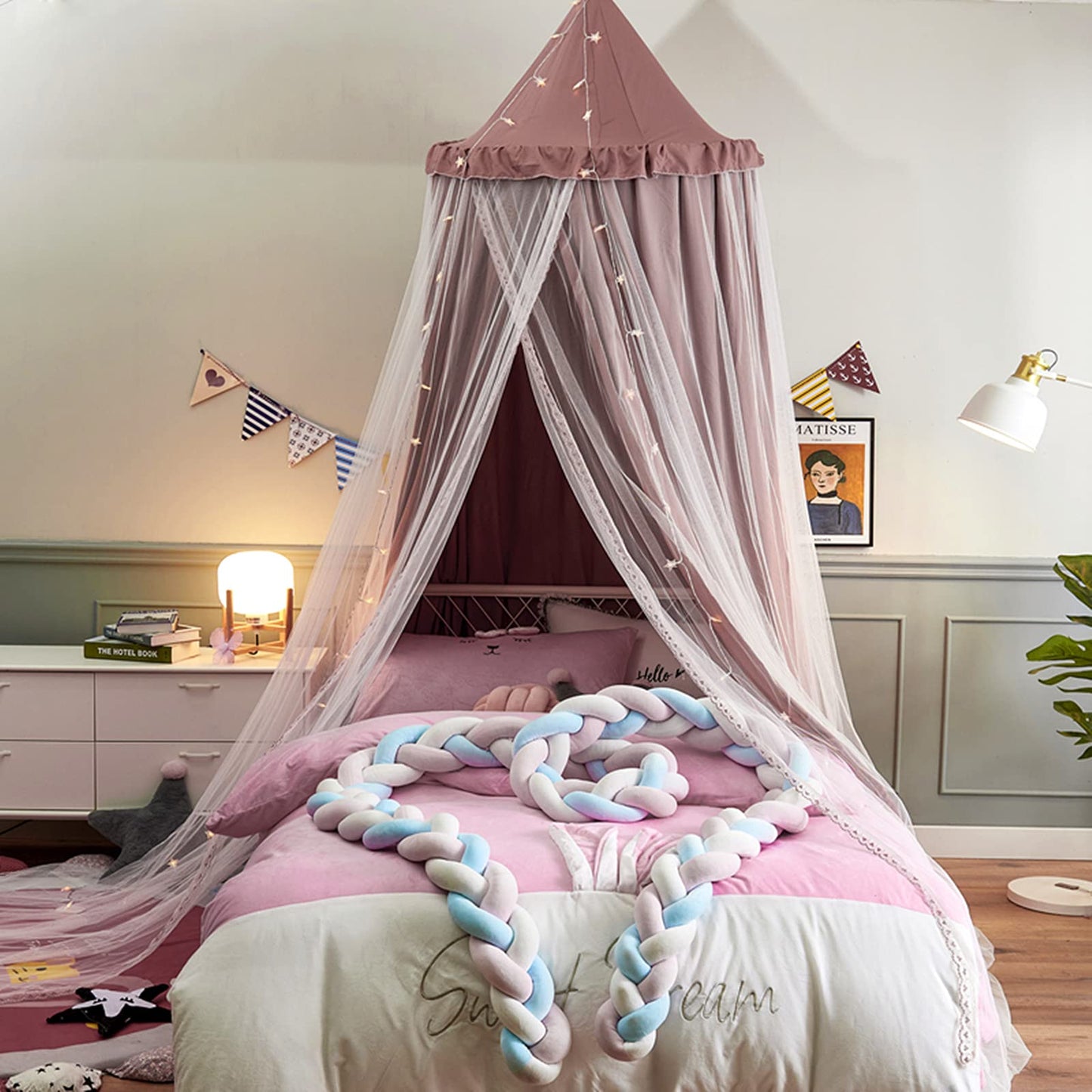 VETHIN Bed Canopy Double Layer Princess Round Dome Dreamy Mosquito Net Bedding Girls Room Castle Play Tent Hanging House Decor Reading Nook Canopies(Jujube Red/White)