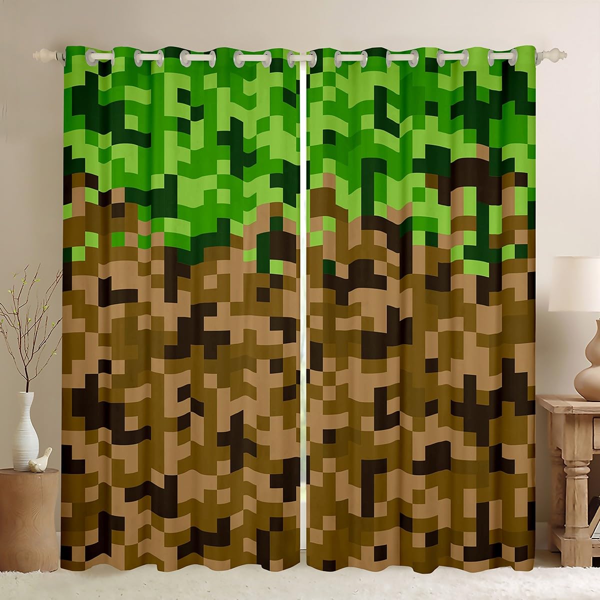 Miner Style Square Grid Window Curtain,Brown Green 100% Blackout Curtains for Kids Boys Teens Men Room Decor,Cartoon Gamepad Modern Window Treatment Curtain Pixelated Games Window Drapes,42Wx63L