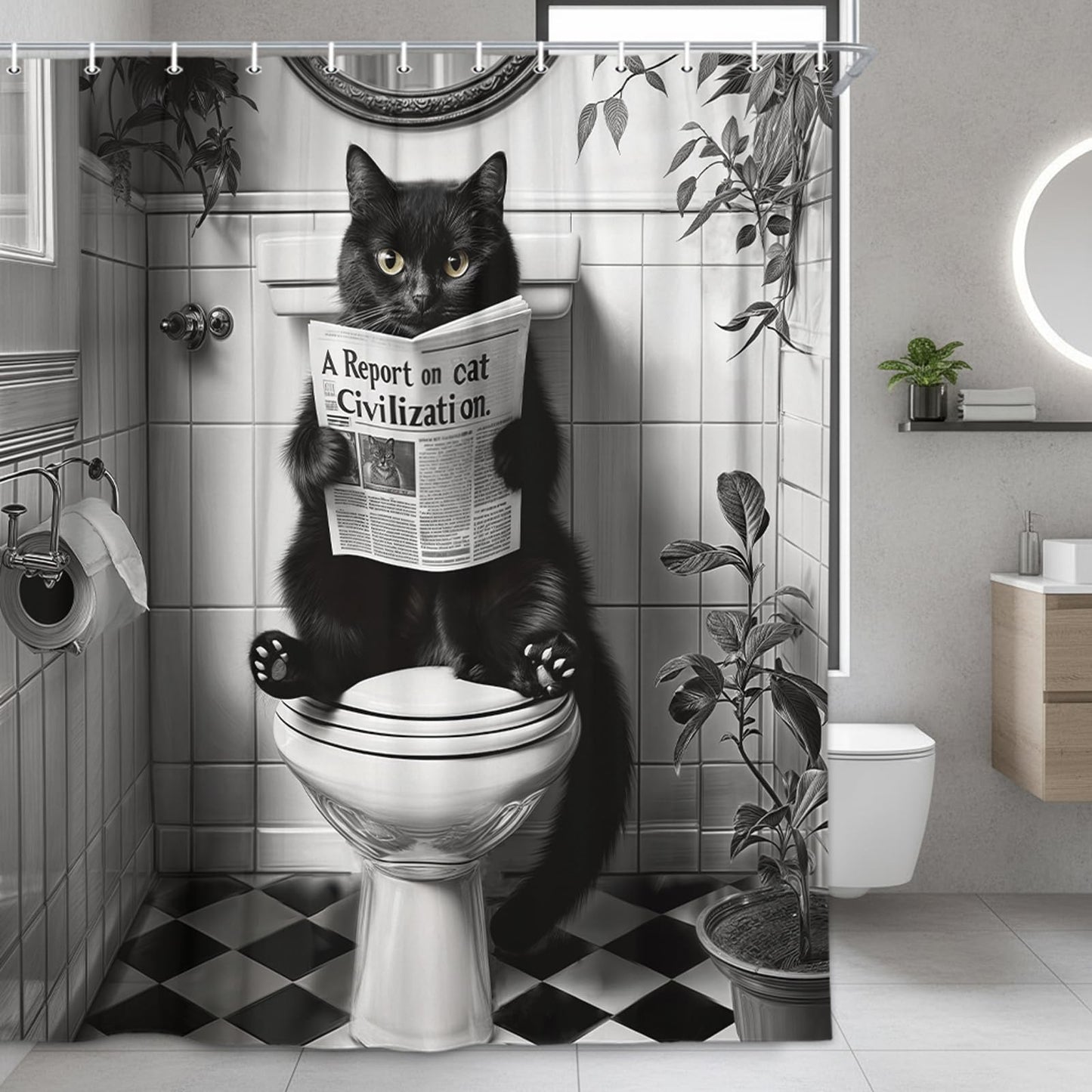 JAWO Funny Cat Shower Curtain, Humorous Black Cat Animal Sitting on Toilet Reading Newspaper Fun Shower Curtains Set, Black White Retro Waterproof Fabric Bathroom Decor Bath Curtain, 72x72 Inch