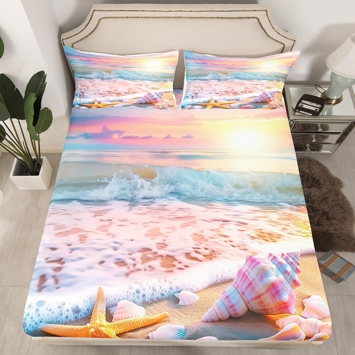 jejeloiu Pink Beach Theme Fitted Sheet Full Size Kids Summer Sea Ocean Sunset Bed Sheets Set for Boys Girls Teens Wave Coastal Starfish Seashell Natural Scenery Bedding Set Room Decor