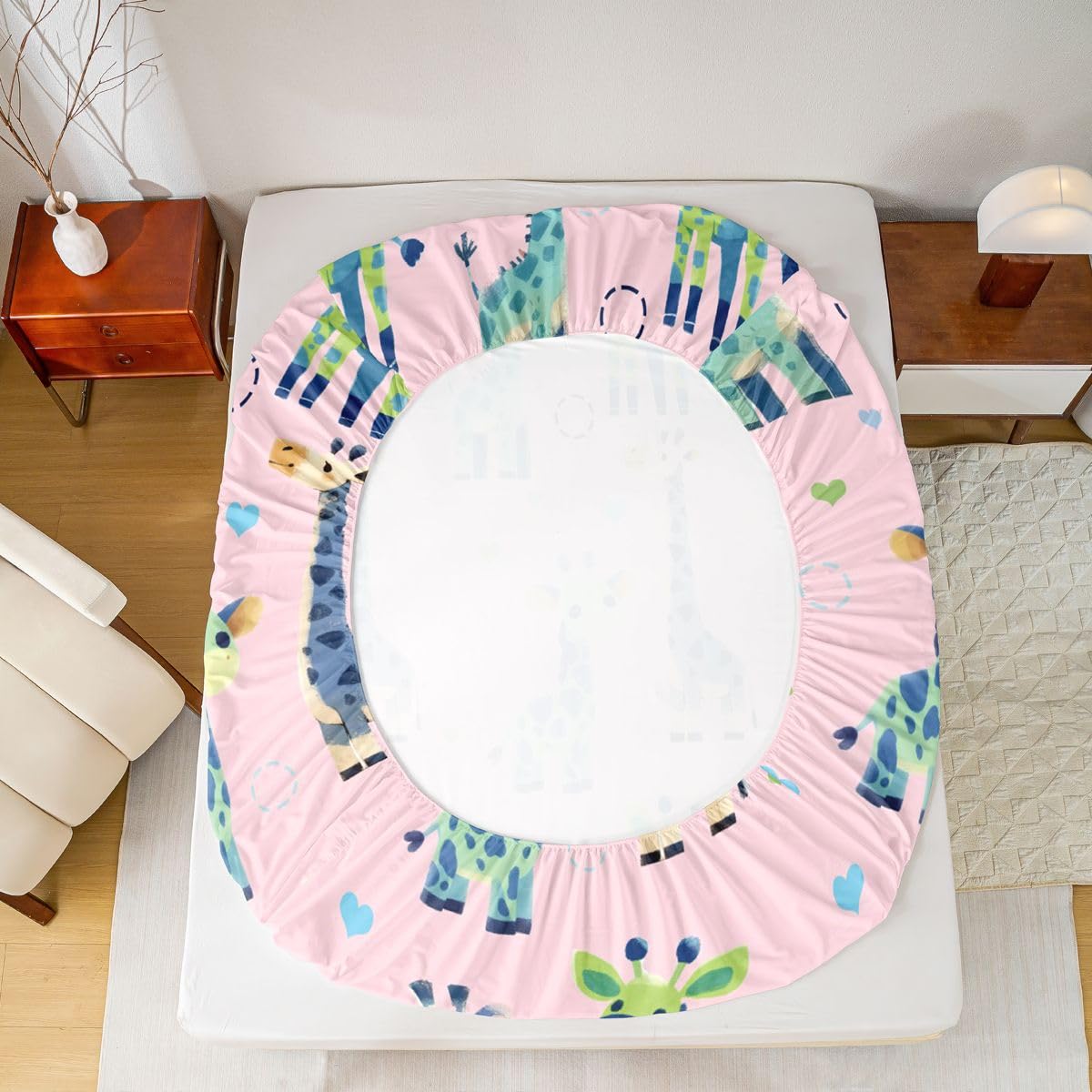 Erosebridal Giraffe Bed Sheets Full Pink and Green Geometric Sheet Set for Kids Boys Girls Cartoon Kawaii Sheets Wild Animal Flat Fitted Sheet 3 Pcs