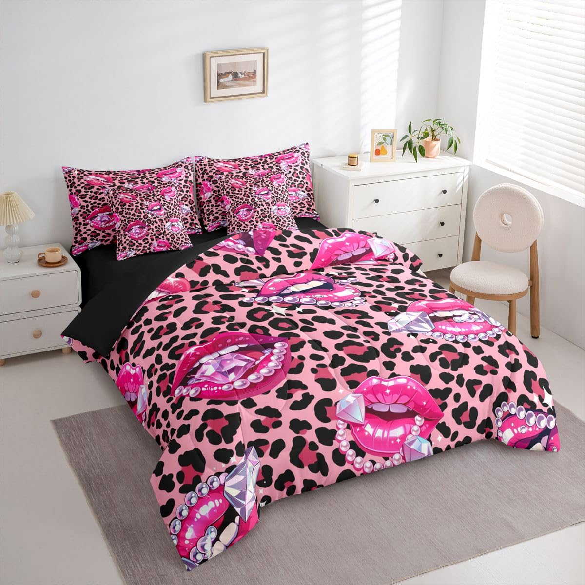 Erosebridal Pink Leopard Print Twin Size Bedding Set Sparkling Diamond & Pearl 7 Pieces Comforter Set with Sheets Women Girl Y2K Charming Lips Bed in a Bag Girly Cheetah Print Bed Sets
