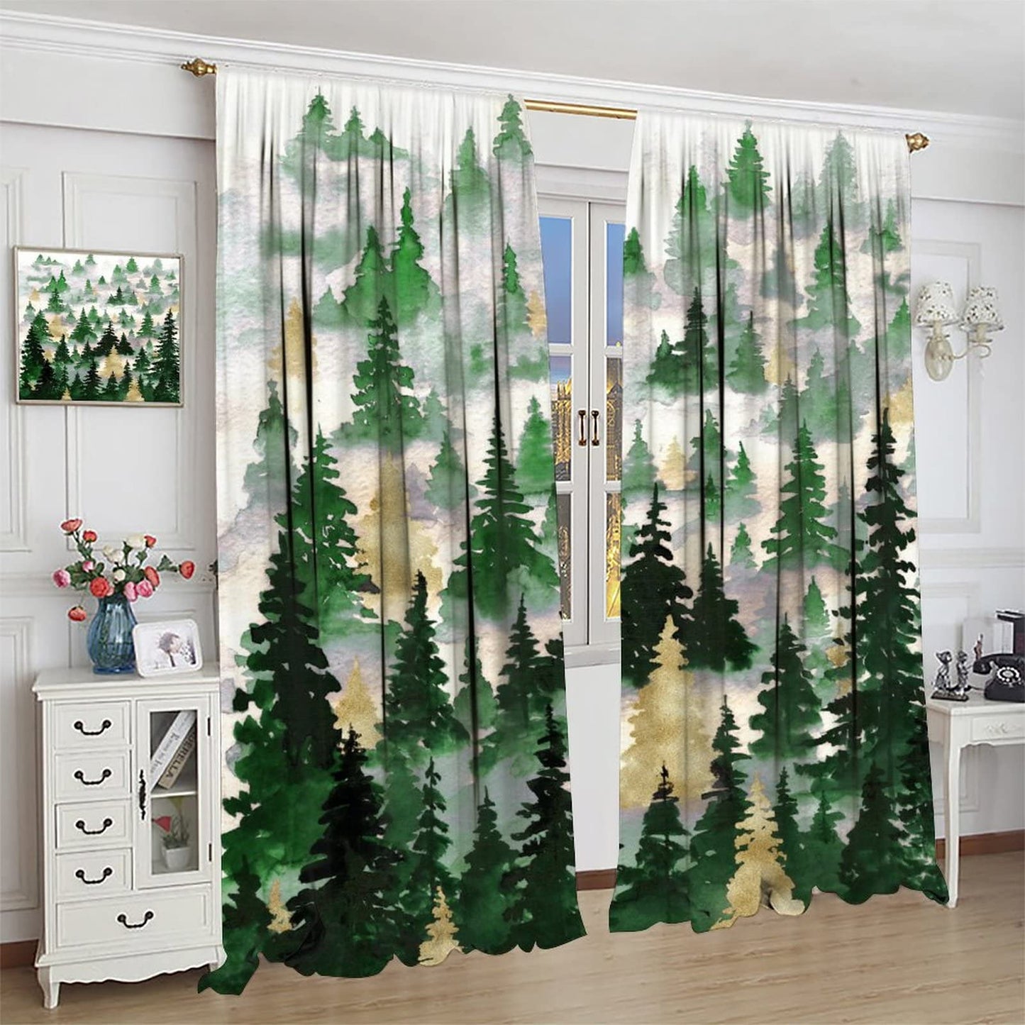SXXLDNG Green Gold Forest Curtains, Nature Tree Misty Forest Silhouette Landscape Window Treatments Curtains,Tree Woodland Curtains Rod Pocket Drapes for Living Room Bedroom, 42x63in