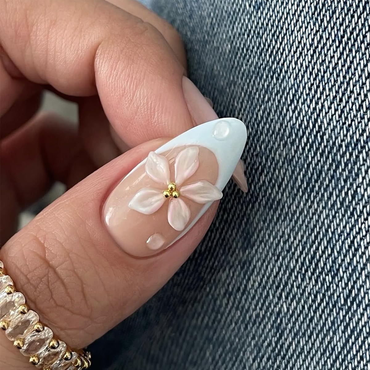 24Pcs Blue French Tip Press on Nails Almond Medium Fake Nails 3D Flower False Nail with Designs Full Cover Embossed Flower Nails Press ons Spring Summer Acrylic Nail for Women DIY Manicure Decoration