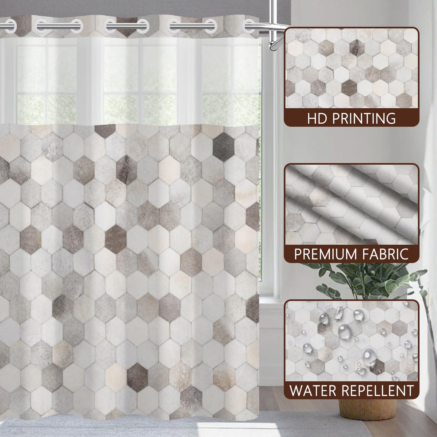 NAEMBCU No Hook Geometric Shower Curtain with Snap in Liner 71x74 Inch