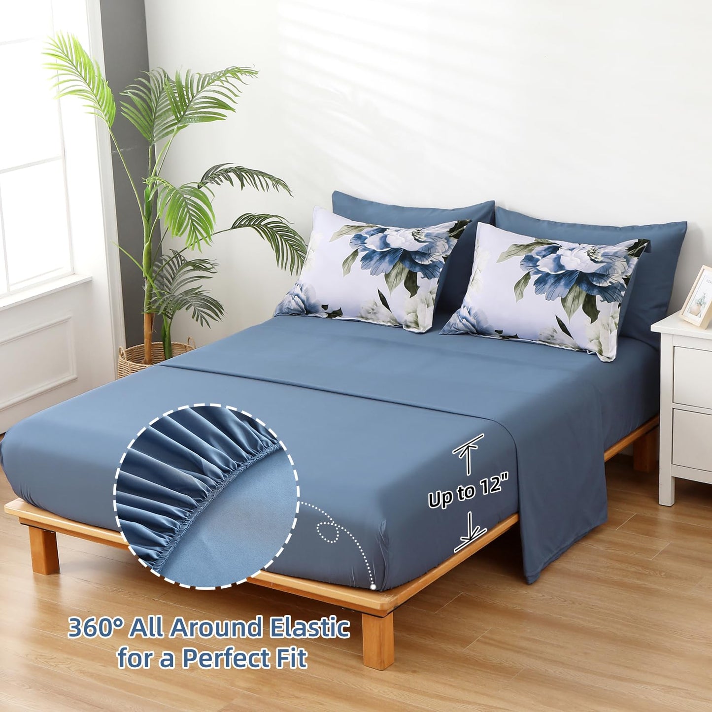 Dobuyly Blue Twin Comforter Set 5 Piece Bed in a Bag Twin Size, Blue Floral Print on Light Blue Comforter Set with Sheets, Soft Microfiber Complete Bedding Set for All Season