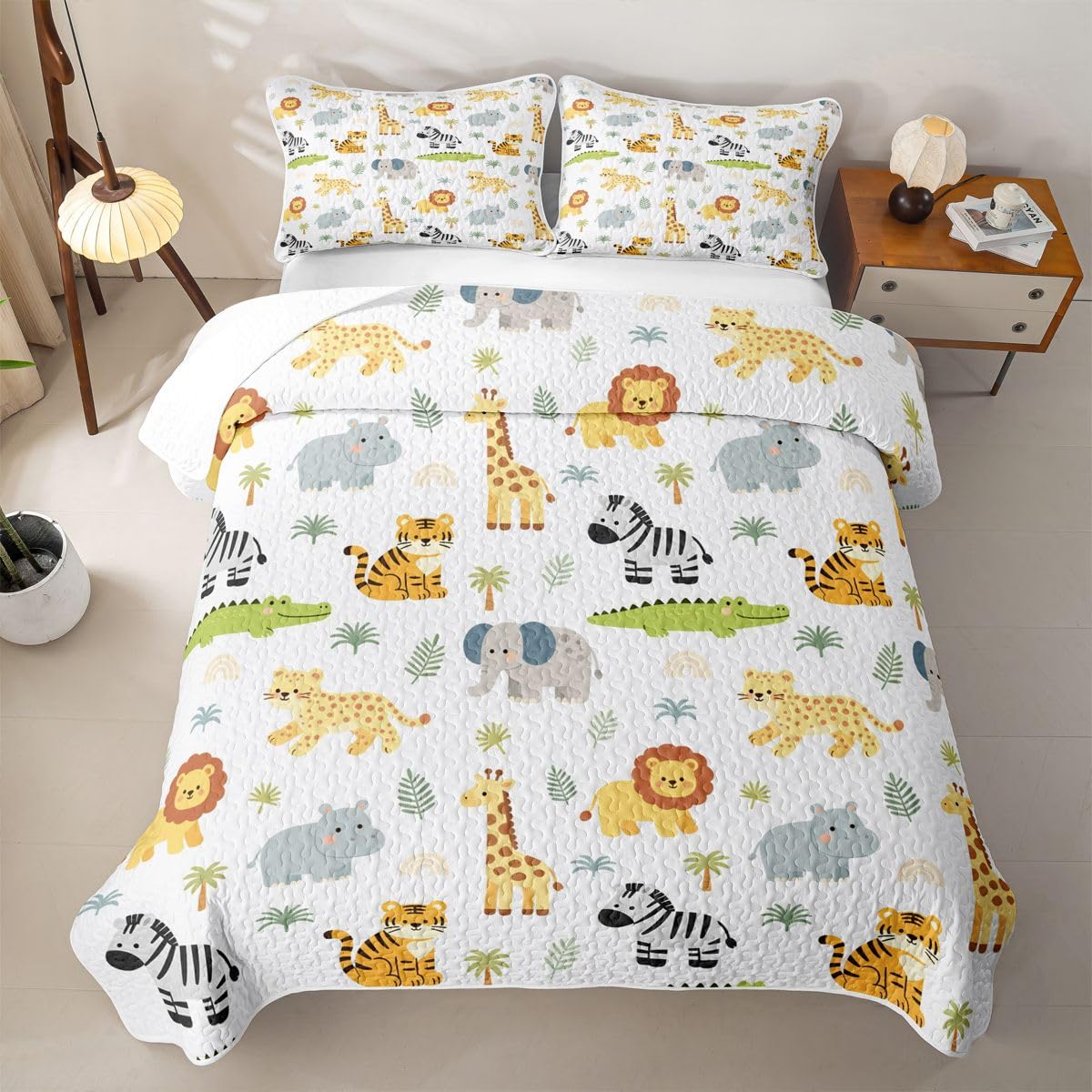 Feelyou Giraffe Quilt Sets King Size Lion Kids Boys Girls Quilts with 2 Pillowcases Soft Elephant Bedspread Coverlet Set Gift for Kids Lightweight Bedding 3D Wild Animal Pattern