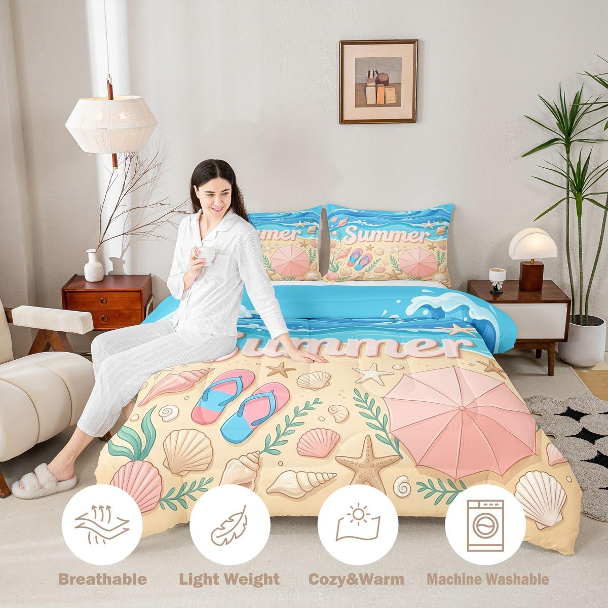Castle Fairy Queen Size Summer Coastal Starfish Shell Conch Comforter Set with 2 Pillowcases-Blue Flip Flops Bedding for Kids Girls Room Decor,Tropical Hawaiian Beach 3 Pieces All Season Duvet Insert