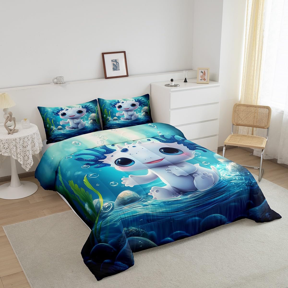 Feelyou Cute Axolotl Comforter Set Twin Size Kids Kawaii Ocean Sealife Bedding Set for Boys Teens Blue Cartoon Salamander Comforter Gift for Girls Women Duvet Set Sunshine Quilt Set