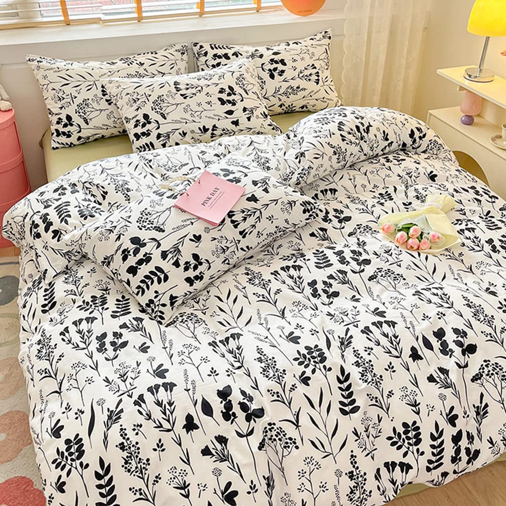 CLOTHKNOW White Black Queen Comforter Set 3Pcs Black Floral Bedding Comforter Sets White Boho Bedding Sets Black Flowers Bed Comforter Sets Queen