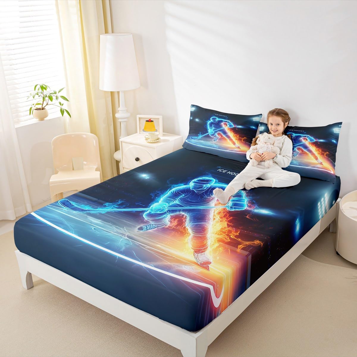 Ice Hockey Fitted Sheet Queen,Ice Fire Athlete Bedding Set 3pcs for Kids Teens Boys Girls Room Decor,Game Sport Bed Cover Modern Bed Sheet Set with 2 Pillowcases