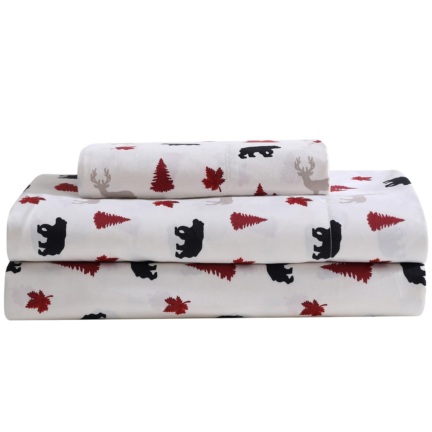 Beatrice Home Fashions Cozy Cabin 3-Piece Twin Microfiber Bedding Sheet Set with Deep Pockets Rustic Patchwork Plaid Deer, Red/Black