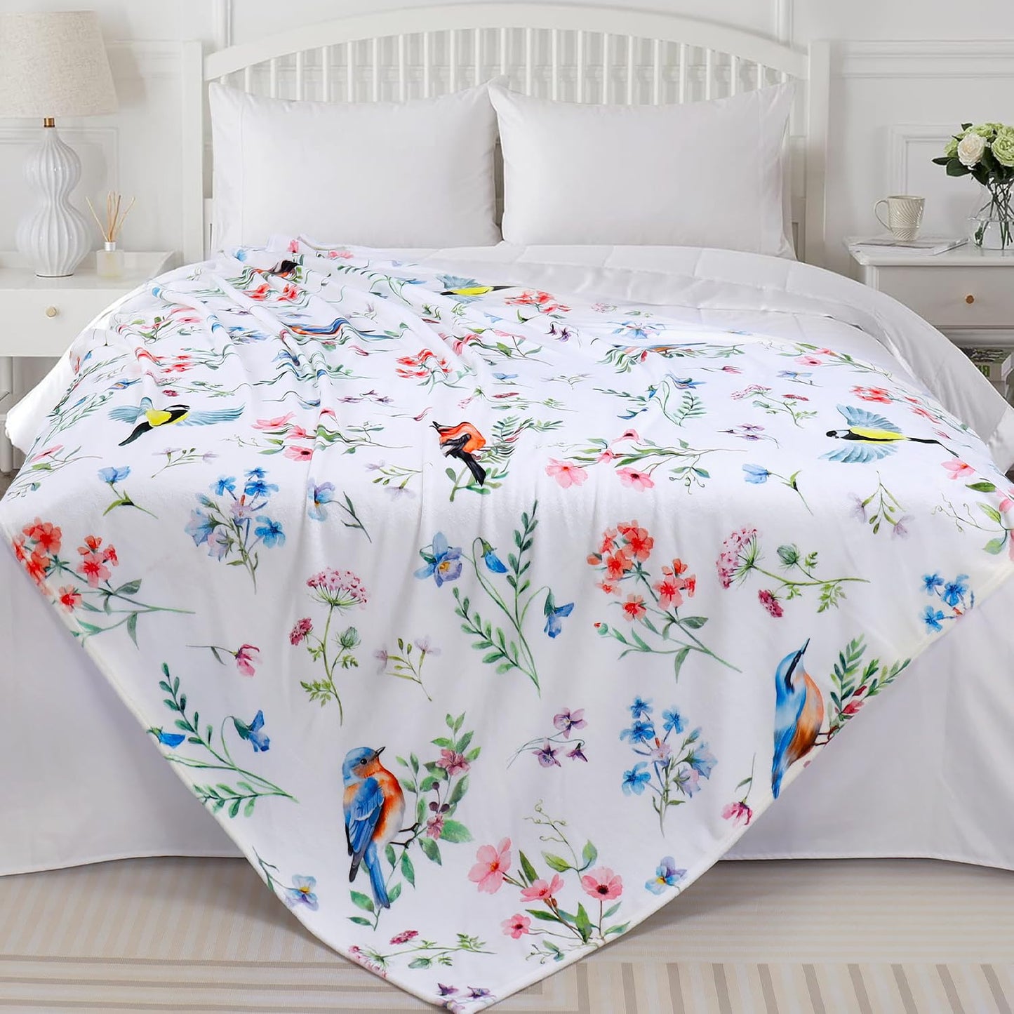 Floral Bird Blanket Ultra Soft Watercolor Flowers Throw Blankets Wildflower Flannel Fleece Throw Botanical Warm Cozy Fuzzy Plus Gifts Cabin Blanket for Bed Sofa, 50" X 60"
