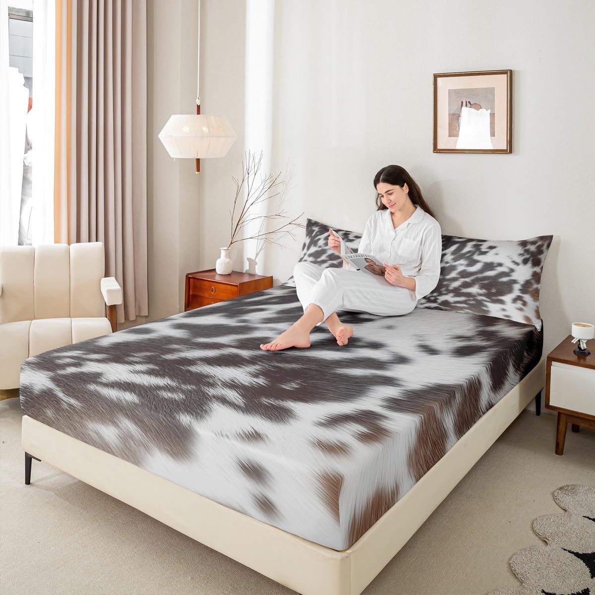 Brown Cowhide Bedding,Aztec Black White Aztec Cow Print Bed Sheet Set King,Western Farm Animal Bed Sheets for Kids Boys Girls Men Women,Rustic Cowboy Cow Fur Fitted Sheet & Flat Sheet 4 Pcs