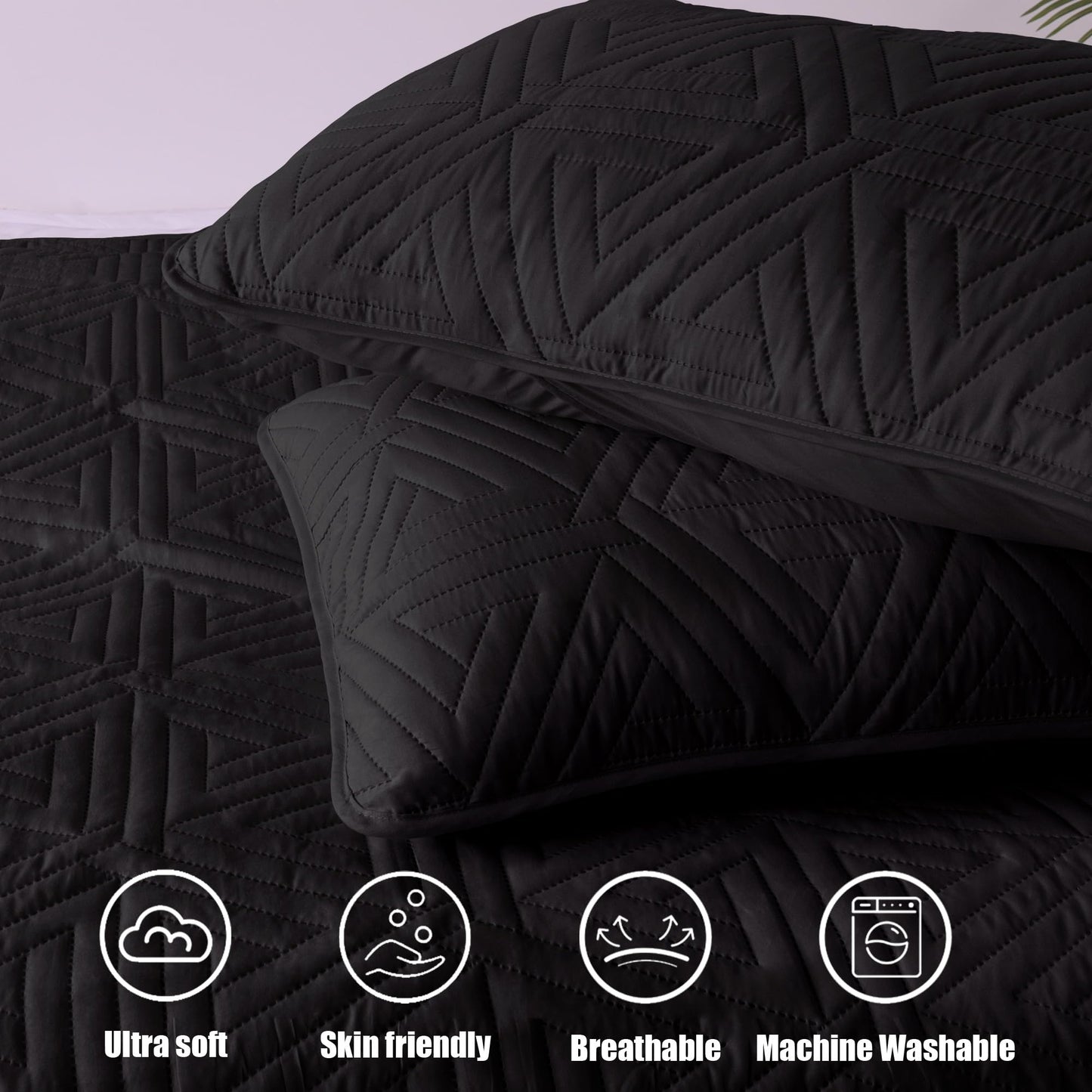 Whale Flotilla Soft Queen Size Quilt Set for All Seasons, 3-Piece Ultrasonic Geometric Quilts Bedding Set, Lightweight Reversible Bedspread, Coverlet, Bed Cover with 2 Pillow Shams, Black