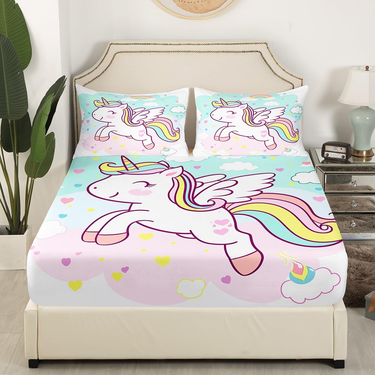 Kawaii Unicorn Kids Fitted Sheet Full Size,Rainbow Love Heart Clouds Bedding Set,Girls Women Room Decor,Cartoon Animal Princess Bed Cover,Pink Teal Bed Sheet,2 Pillowcases