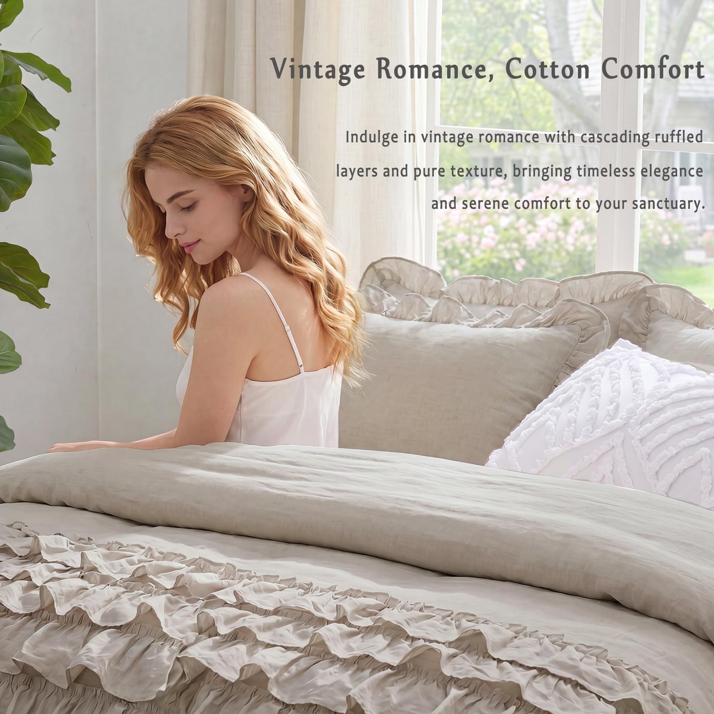 Bedorm 100% Cotton Duvet Cover Set King Beige Ruffle Bedding Set Multi-Layers Ruffled Design Shabby Chic Duvet Cover 3Pcs Soft Breathable Cotton Bed Set