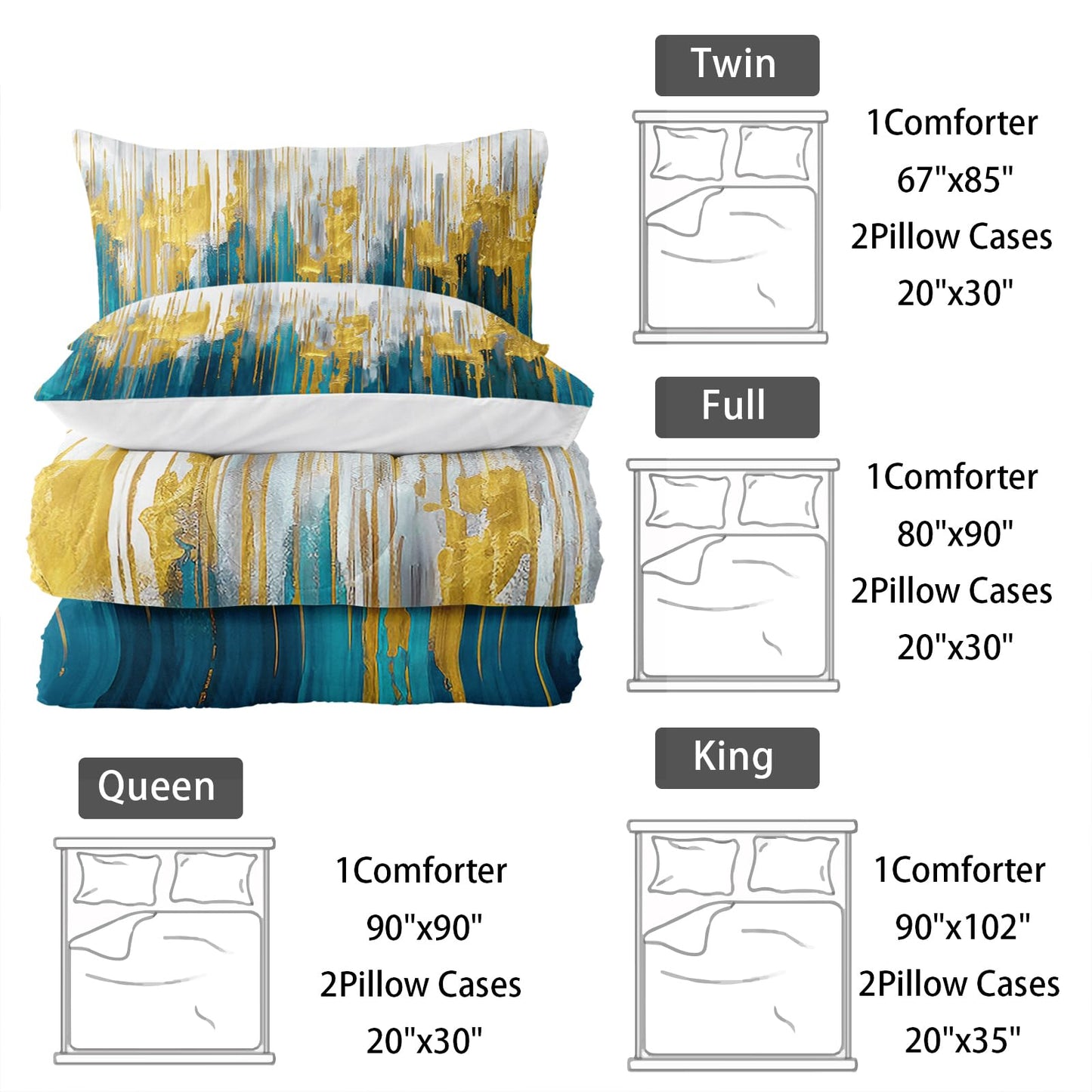 Nttopship Lake Blue White Golden Gradient Print Comforter Set King Size,Abstract Art Bedding Set,Patchwork Printed Quilted Set for Teens Adult,with 1 Comforter and 2 Pillow Case