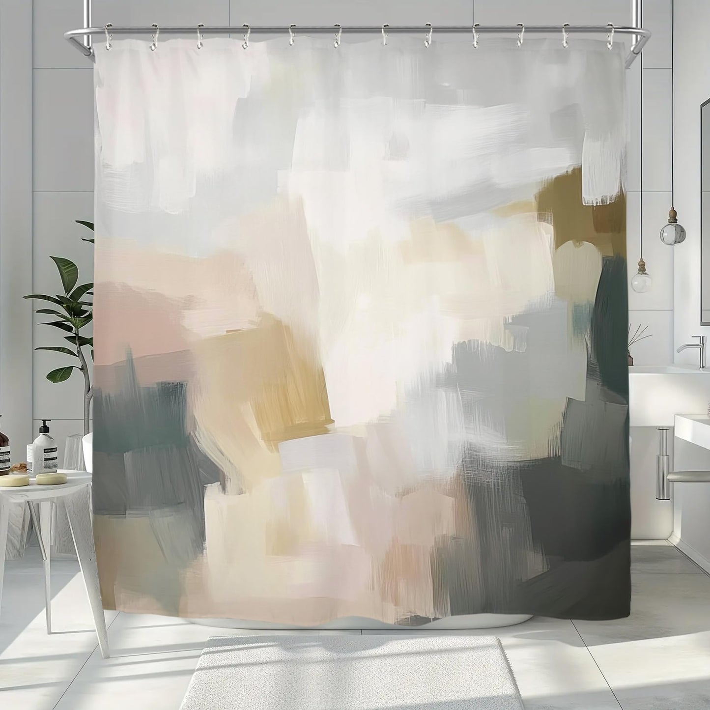 Miyotaa Abstract Modern Brushstroke Shower Curtain Set 60Wx71H Inches Minimalist Neutral Contemporary Aesthetic Oil Painting Simple Art Waterproof Bathroom Curtain with 12 Hooks