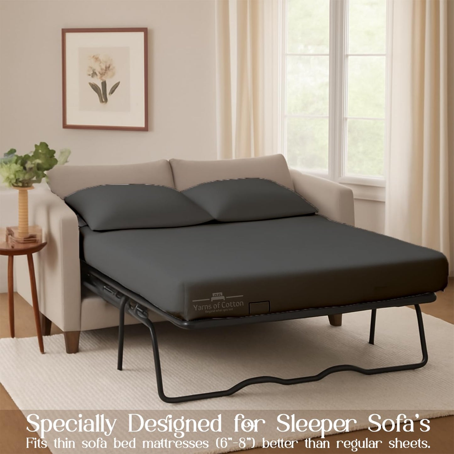 Sleeper Sofa Bed Sheet, 100% Cotton 400 Thread Count, 4 Piece Set, Deep Pocket Fitted Sheet, Soft Wrinkle Free & Breathable, Luxury Hotel Quality, Fits Up to 6 Inch Mattress (Full, Dark Grey)