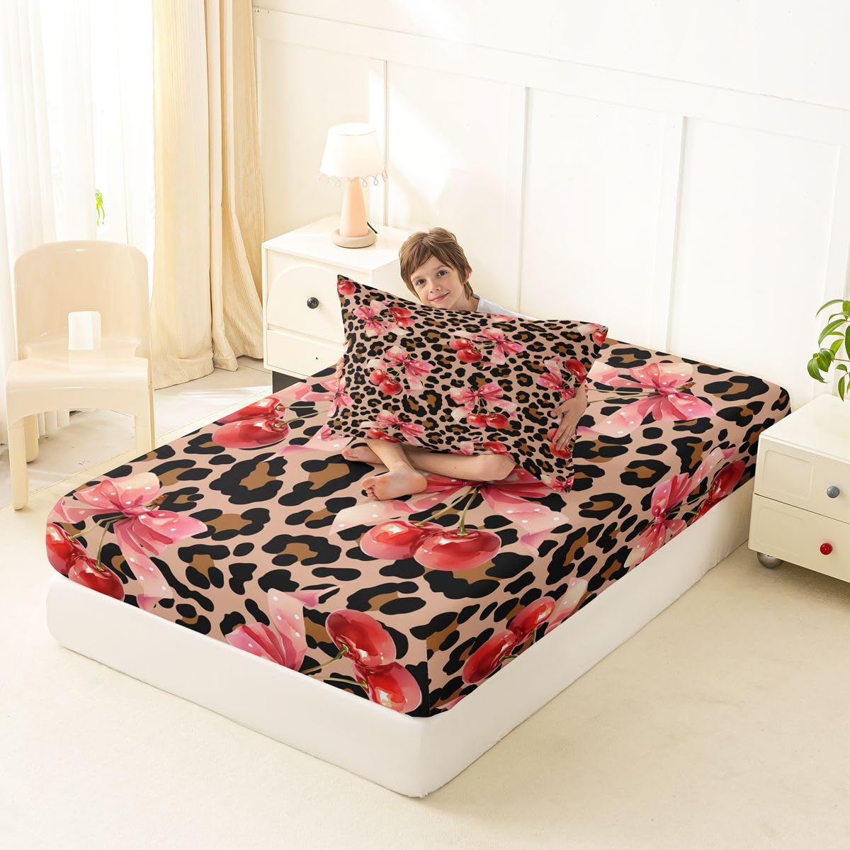 jejeloiu Brown Cherry Bow Fitted Sheet with 1 Pillowcase Twin Size Dreamy Princess Bowknot Bed Sheets Set 16" Deep Pocket Boys Girls Leopard Print Bowknot Bedding Teens Bedroom Decor Breathable