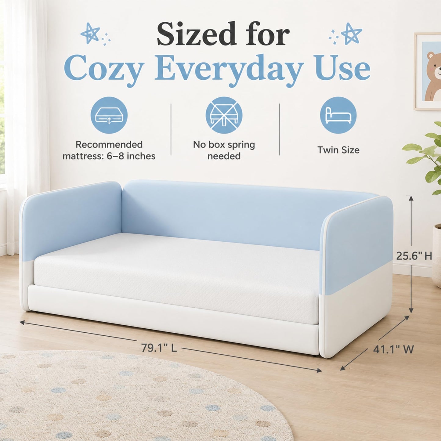 Twin Size Montessori Floor Bed with Upholstered Headboard and Armrests, Velvet Twin Floor Bed Frame with Protective Side Panels, Low Profile Platform Daybed for Kids, No Box Spring Needed, Blue