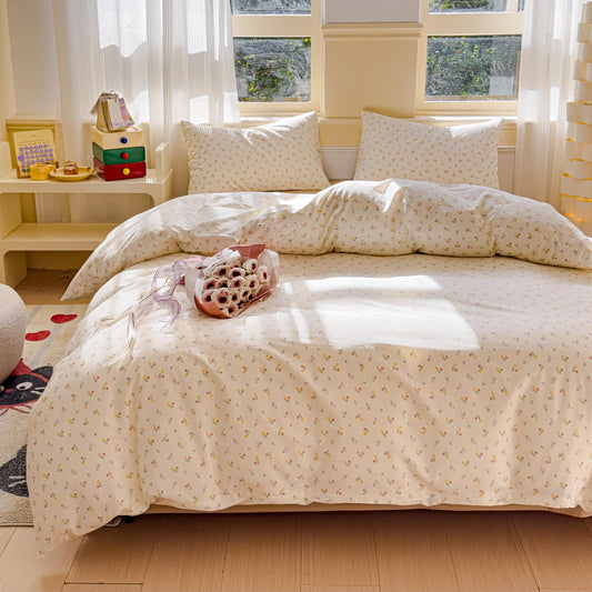 LIWHENHAO Duvet Cover Set Queen 100% Cotton Bedding Ditsy Floral Red Yellow Pink Flower Print on Cream White 1 Cottagecore Comforter Cover Full 2 Pillowcases for Kids Girls Boys Woman