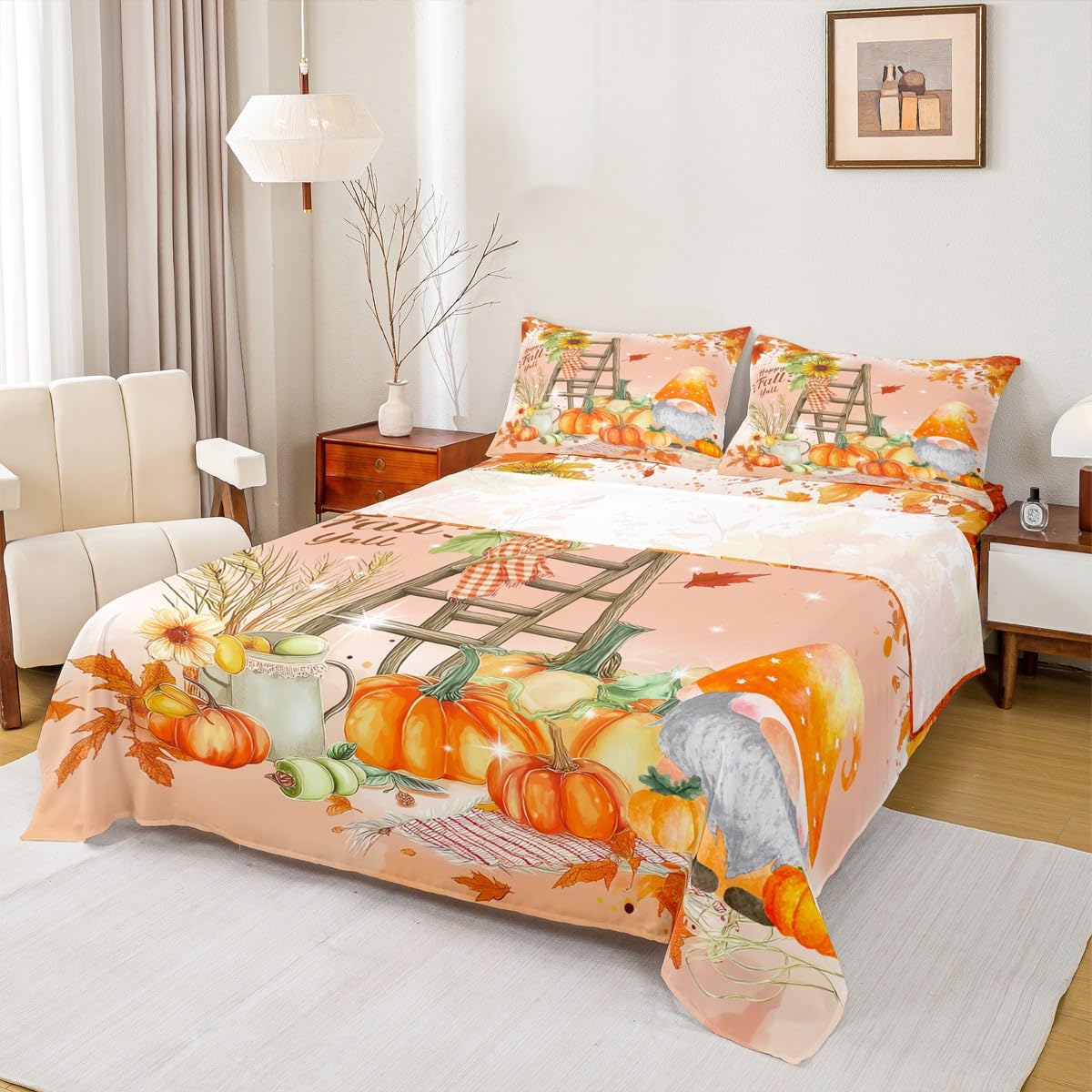 Happy Fall Gnomes Bedding,Thanksgiving Pumpkin Bed Sheets Queen Fall Home Room Decor,Autumn Natural Harvest Season Fitted Sheet + Flat Sheet + 2 Pillow Cases,Rustic Maple Leaf Sunflower Sheet Set