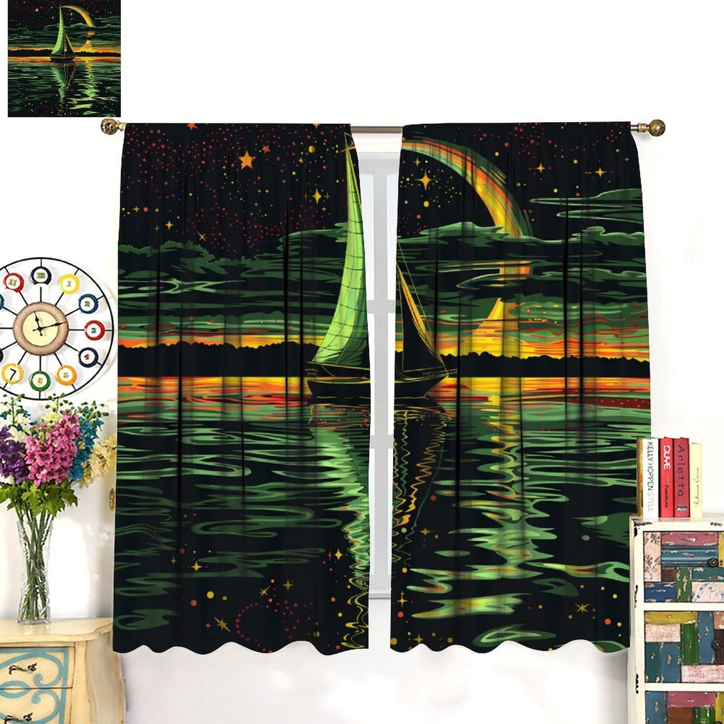 TOWINSFB Coastal Star Moon Sailboat Blackout Curtains for Living Room Bedroom, Night Scenery Nautical Ocean Window Curtains Rod Pocket Thermal Insulated Window Drapes, 2 Panels, Each 21" W x 45" L